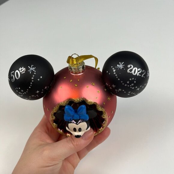 Disney Sunburst Minnie Mouse Mickey Ear Icon Glass Large Ball Ornament 2022 50th - Picture 5 of 5
